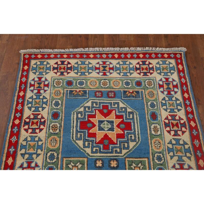 Blue Geometric Kazak Runner Rug Hand-Knotted Oriental Wool Carpet - 2'8" x 9'6"