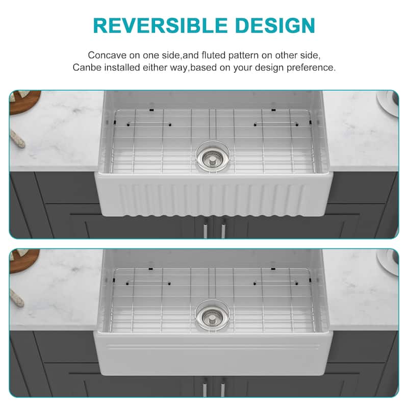 30" White Farmhouse Sink - Kitchen Sink Apron-front White Porcelain Ceramic Reversible Single Bowl Kitchen Farm Sinks