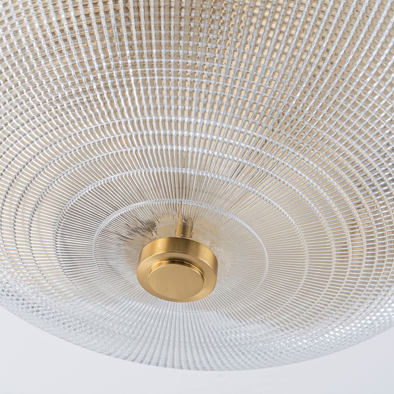 3-Light Industrial Gold Semi Flush Mount Lights with Grid Textured Glass - Brass