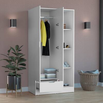 Bedroom 2-Door Armoire with Drawer and Hanging Rod and Shelves
