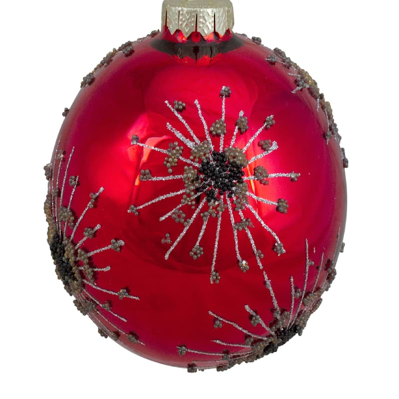 3.5" Red Brown Beaded Bursting Snowflake Glass Christmas Ball Ornament