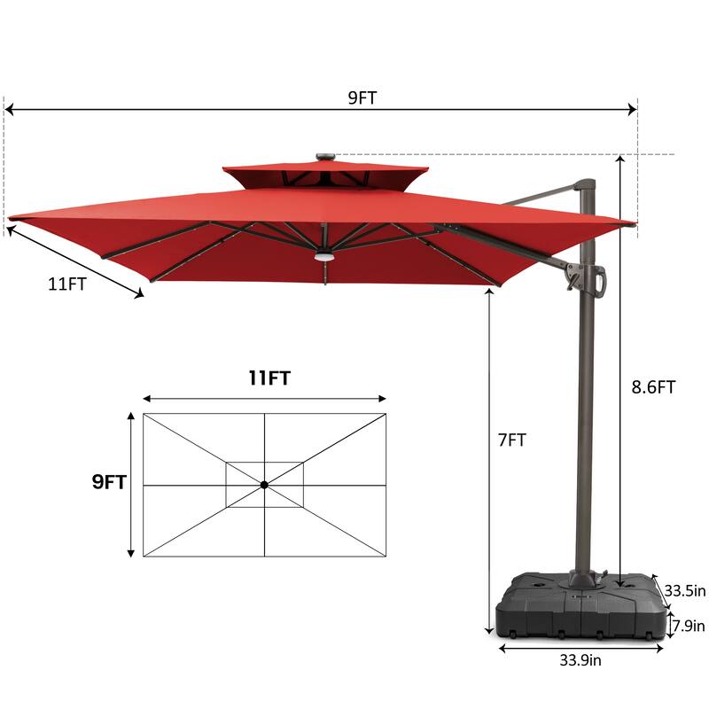 9 X 11 FT Outdoor Patio Cantilever Umbrella with Solar Lights All-Weather Wheeled Base Double Canopy 360 Rotation Tilt