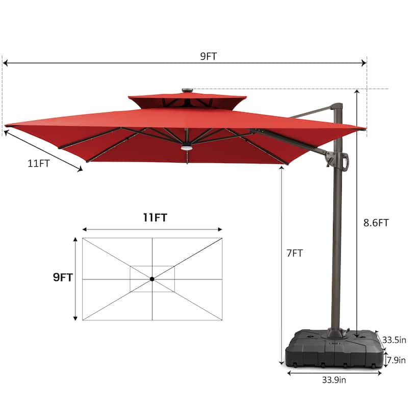 Pellebant 9x11FT Outdoor Dual Top Cantilever Patio Umbrella LED Light with HDPE Base
