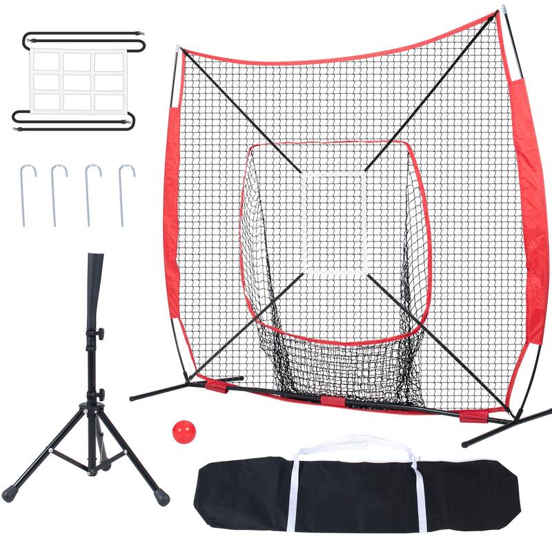 7x7 ft Baseball Softball Practice Net with Carry Bag and Strike Zone - Batting tee + red ball
