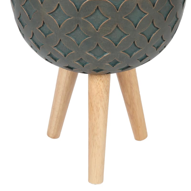 Butterfly Embossed Black 12.25-Inch Round MgO Planter with Brown Wood Legs - Planter + Legs: 14.25" H x 12.25" Diameter