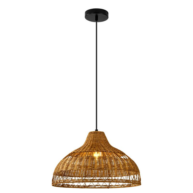 1-Light Farmhouse Brown Natural Handwoven Rattan Dome Pendant Light - 16.9 in. W x 11 in. H