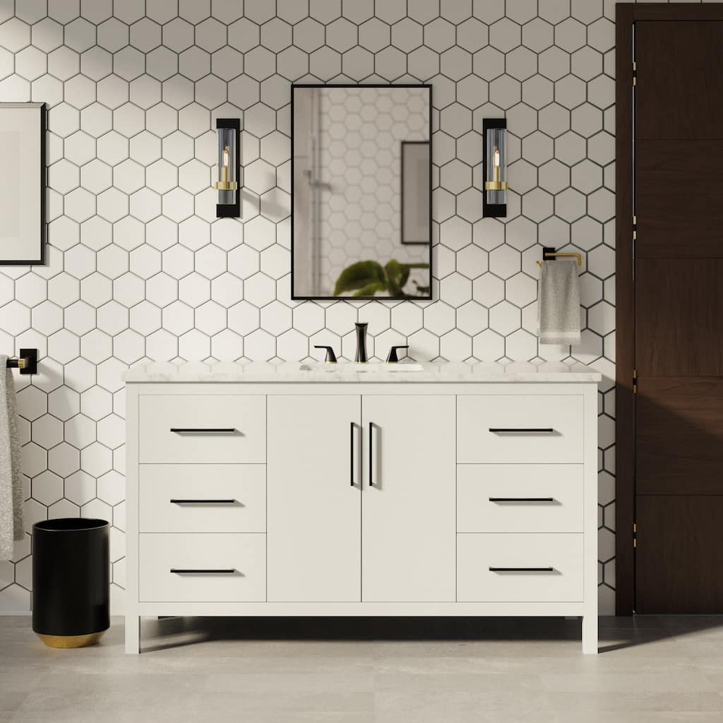KitchenBathCollection Copenhagen 60" Single Bathroom Vanity with Engineered Marble Top