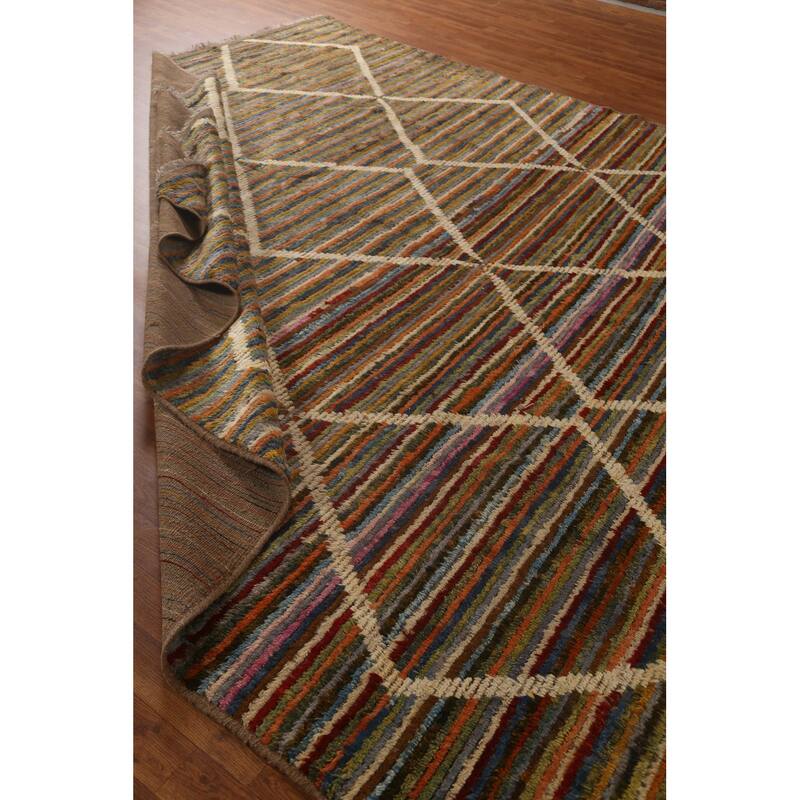 Hand Knotted Oriental 100% Wool Carpet Modern Stripe Multi-Colored Moroccan Area Rug - 13' 0'' X 9' 7''