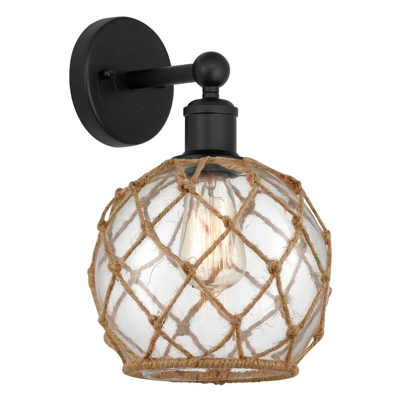 Innovations Lighting 616-1W-13-8 Farmhouse Rope Sconce Farmhouse Rope - Matte Black / Clear Glass with Brown Rope