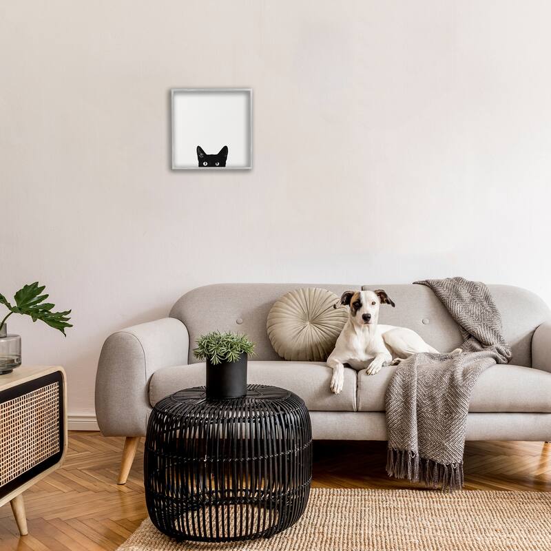 Stupell Minimal Monochrome Black Cat Peeking From Below Framed Art, 12 x 12, Design By Artist Jon Bertelli