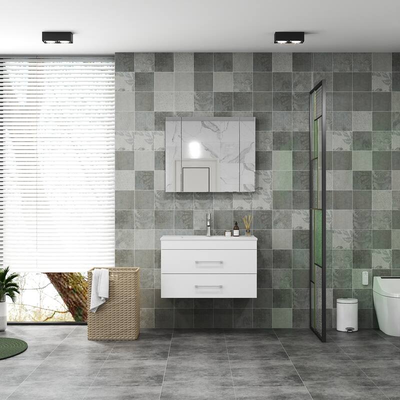 GDFStudio - 32-Inch White Gloss Wall-Mounted Bathroom Vanity with Double Drawers