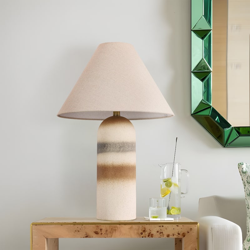 Painted Ceramic Accent Table Lamp with Cone Linen Shade - White Brown