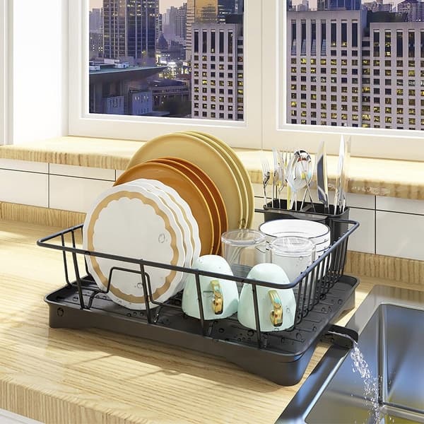Kitchen Counter Dish Drying Rack with Detachable Cutlery Holder, Compact Kitchen Sink Organizer for Plates, Bowls & Cups - Black