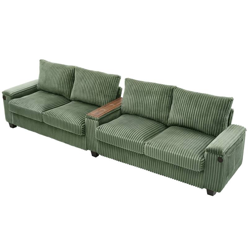 4 Seater Corduroy Sofa Couch with USB Ports and Storage Arms, 133" Modern Sofa with Side Pockets and Flip-Top Cup Holders