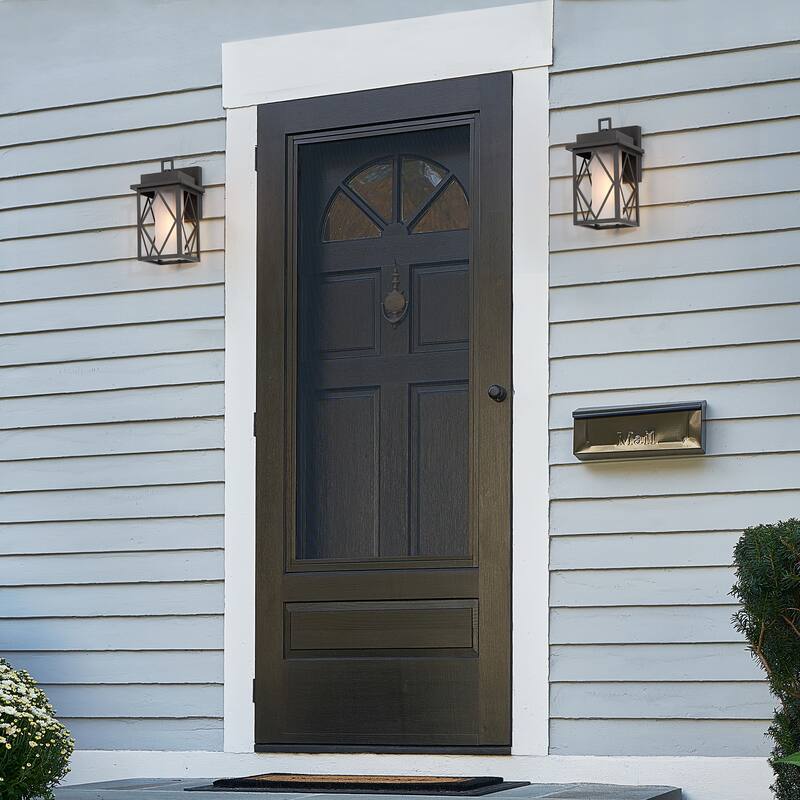Aary Modern Black Farmhouse Indoor/Outdoor Lantern LED Patio Wall Lantern Wall Sconce Frosted Cylinder Glass - W6"*H10.8" *E6.8"