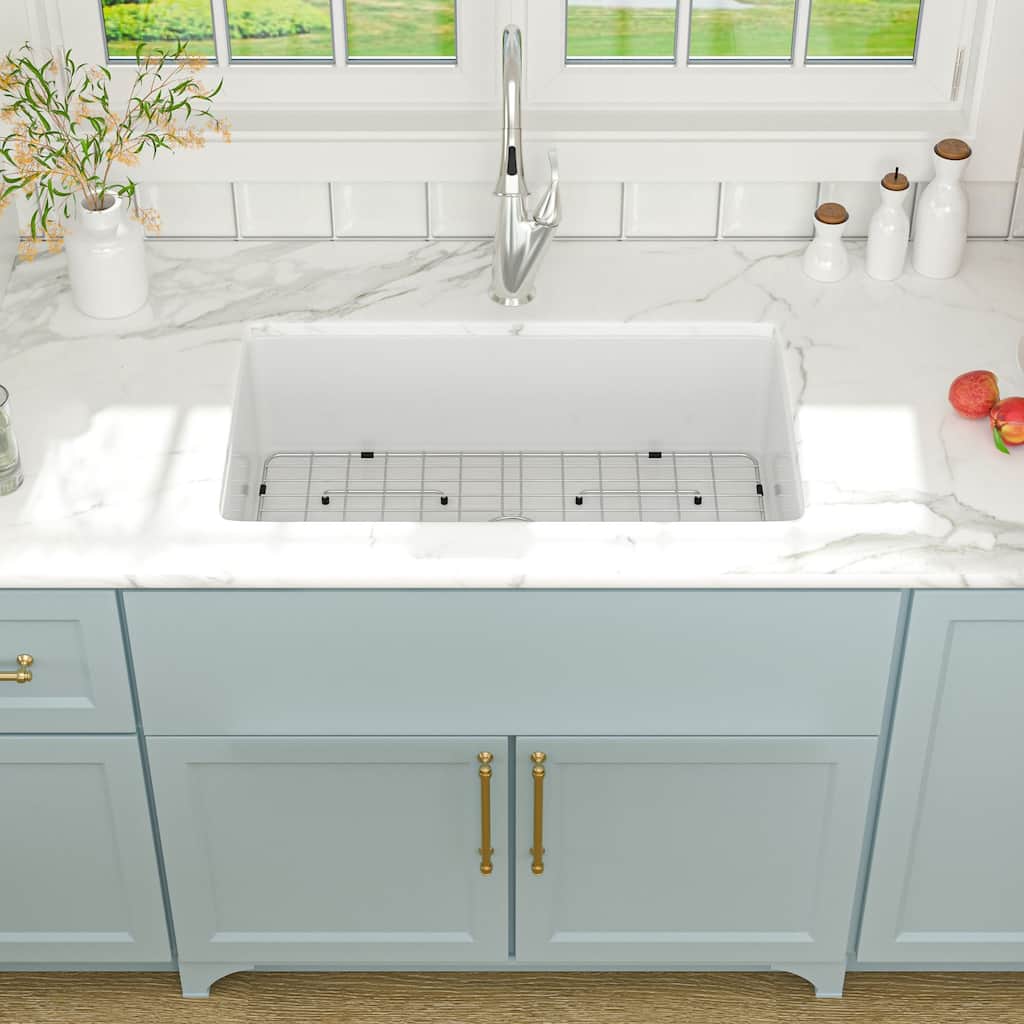 Lordear 32" Ceramic Sink Drop in Single Bowl Topmount White Kitchen Sink with Accessories - 32 in.W x 19 in.D x 10 in.H