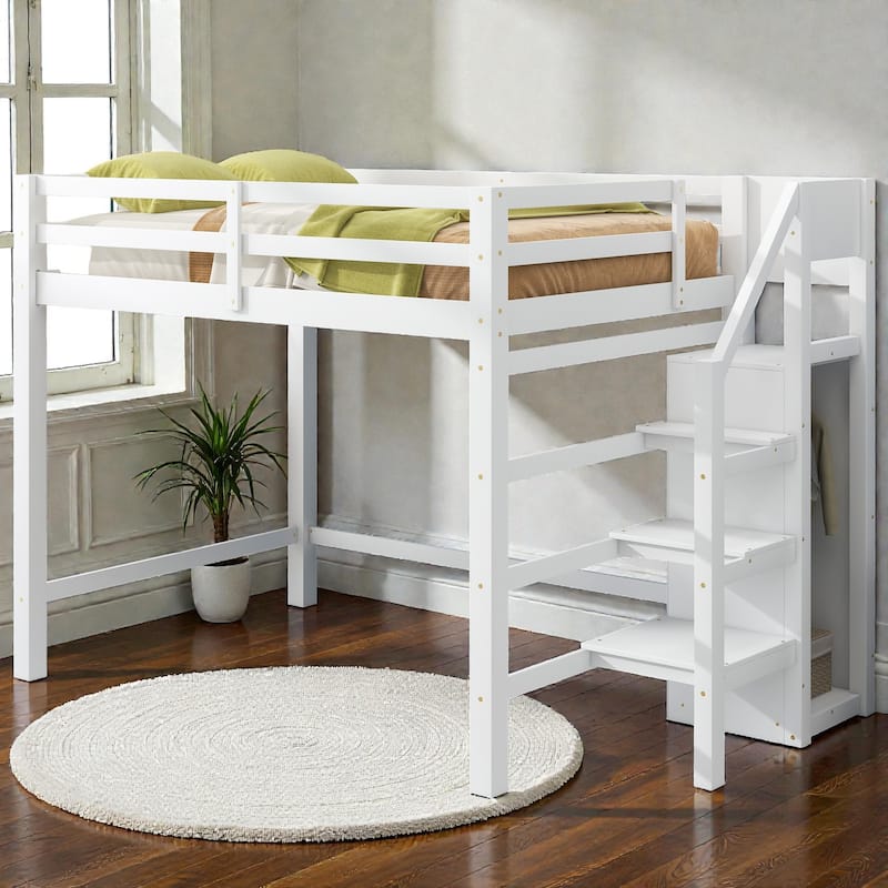Full Size Loft Bed with Built-in Storage Wardrobe and Staircase, Solid Wood Space-Saving Loft Frame