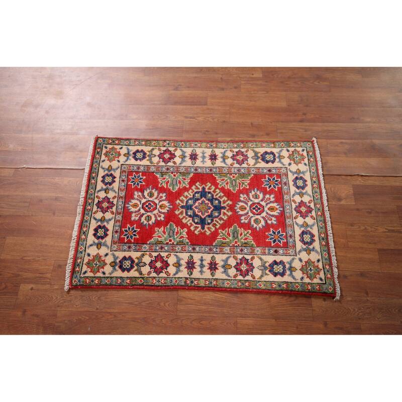 Kazak Oriental Accent Rug Hand-Knotted Geometric Red Wool Carpet - 2'0" x 3'0"