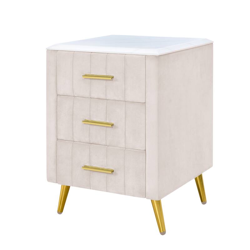Modern Upholstered Velvet Nightstand with 3 Drawers, Metal Handles & Marbling Top - Pink