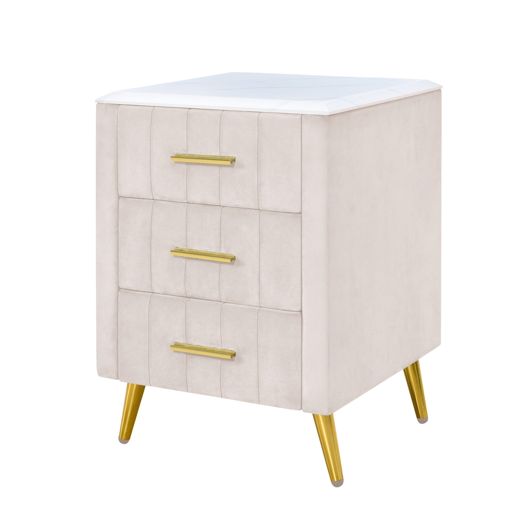 Upholstered Wooden Nightstand with 3 Drawers and Metal Legs&Handles