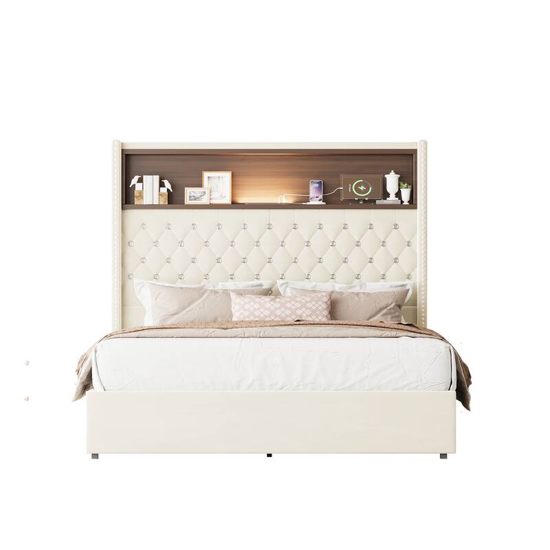 Roomfitters Velvet Tufted Platform Bed with Charging Ports, Tall Wingback Headboard with Rivet Trim and Shelf