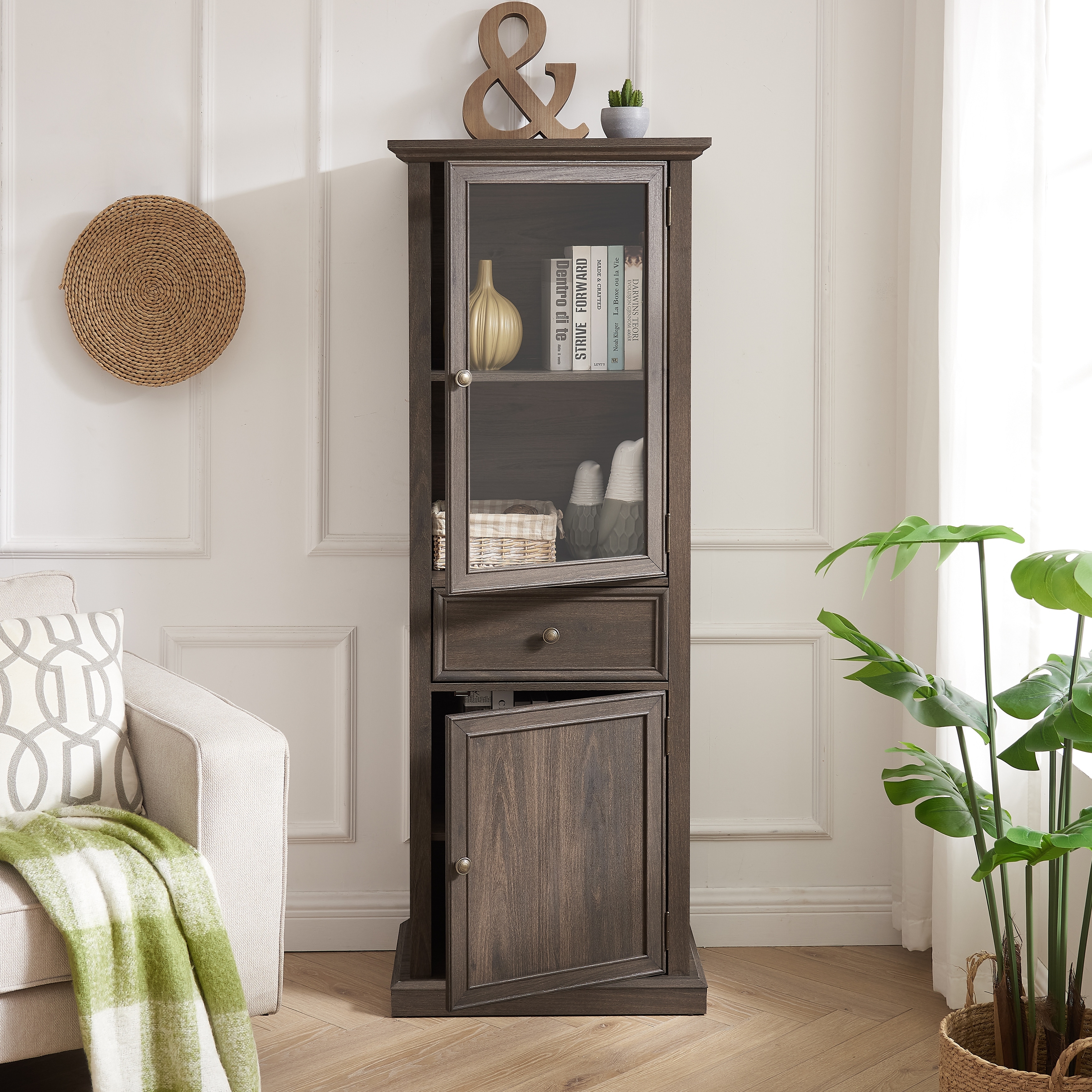 GDFStudio - Modern Tall Storage Cabinet with Drawer and Glass Doors.