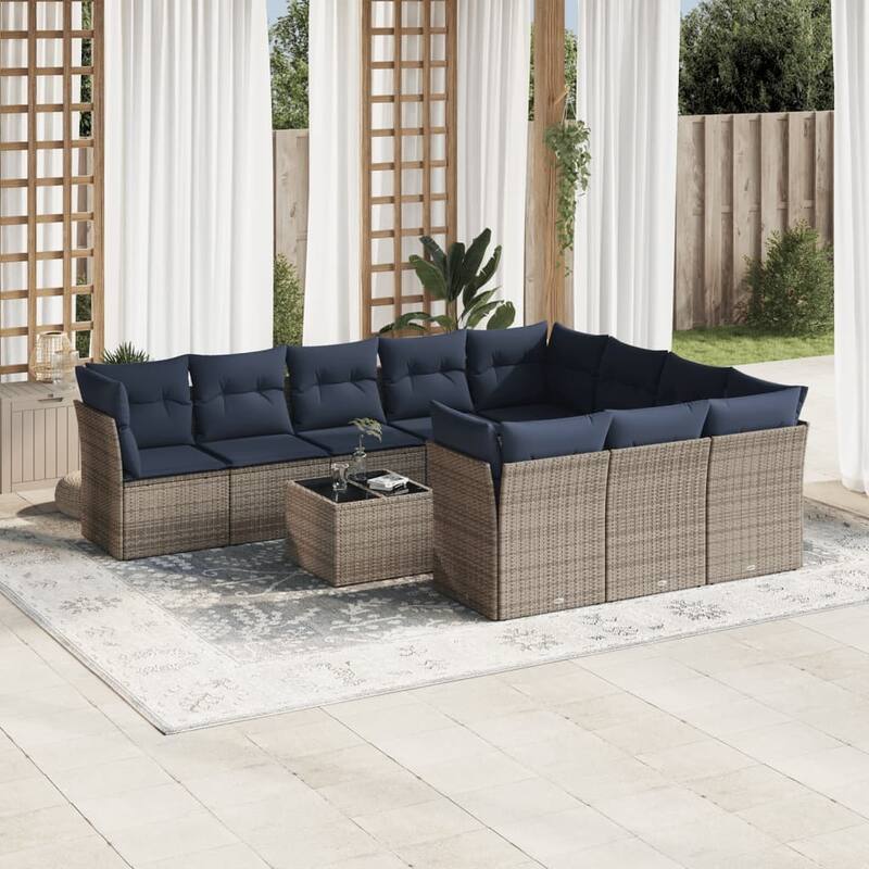 vidaXL 10/11 Piece Patio Sofa Set with Cushions Brown/Gray Poly Rattan - 21.7 x 24.4 x 27.2 - Beige and gray With table