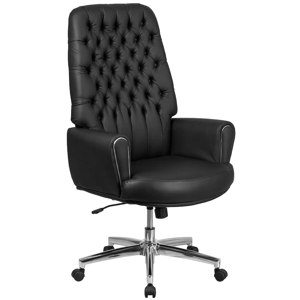 High Back Traditional Tufted Leather Executive Swivel Office Chair with Silver Welt Arms