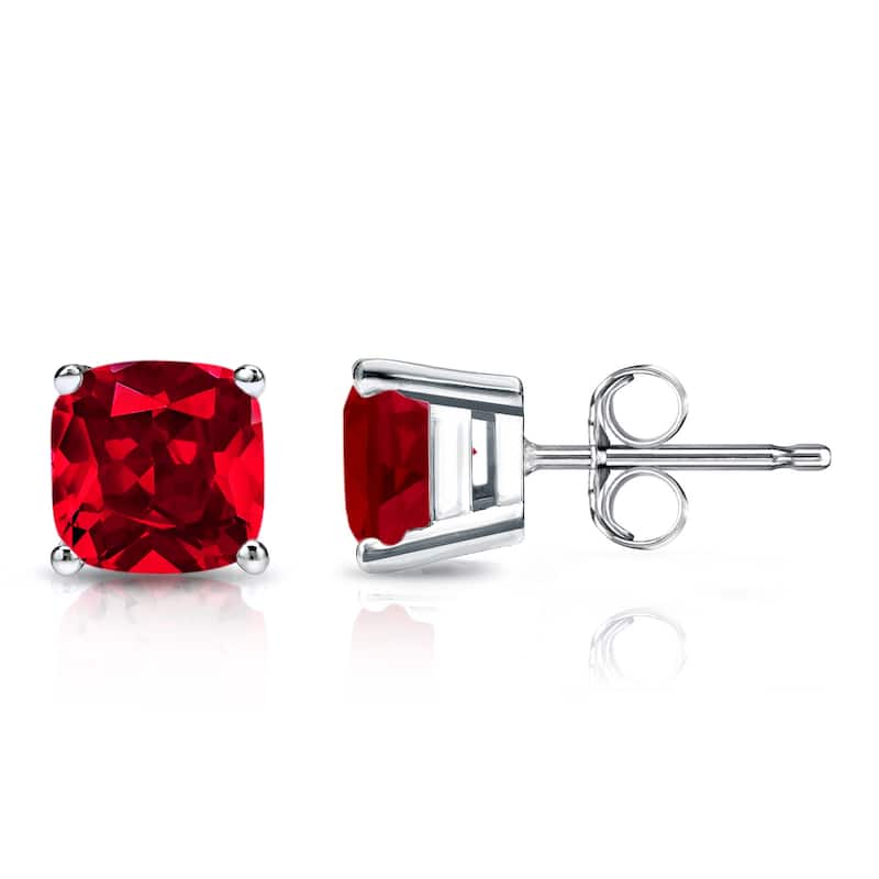 Auriya 14k Gold Lab Grown Gemstone Ruby Stud Earrings Cushion 0.25 to 5.00 ct. tw. 4-Prong Basket Push-Back - 4.00ct tgw. - White