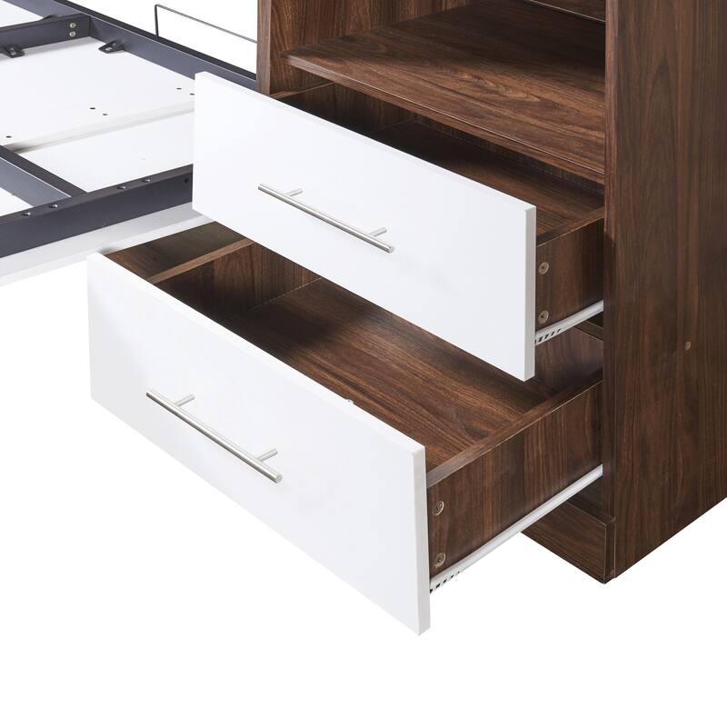 Full Size Industrial Style Murphy Bed with Metal Bed Frame, Space-Saving Design Wall Bed with Cabinet & Shelf & 2 Drawers, White