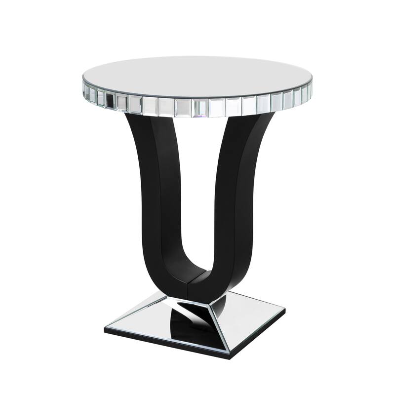 Modern Mirrored Side Table with Black Wood Base
