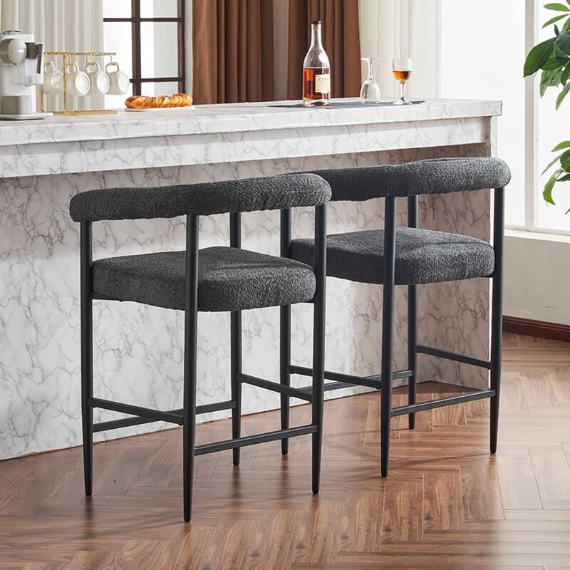 Upholstered Bar Stools, Fabric Counter Height Chairs with Metal Frame & Armrests Kitchen Island Bar Chairs Set of 2