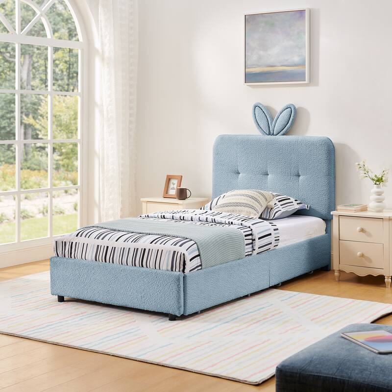 Kids Boucle Upholstered Bed with Rabbit Ear Headboard, LED Music Sync & 4 Drawers