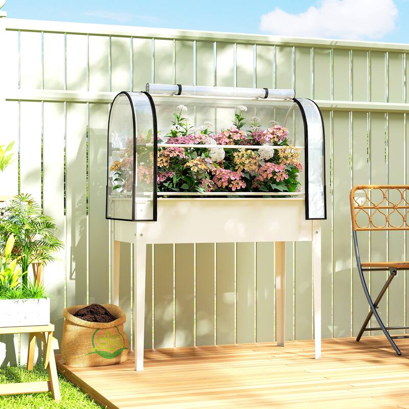 Outsunny Raised Garden Bed with Flip-Up Greenhouse Cover, Metal Elevated Garden Bed, 39.4" x 19.3" x 53.5" - White