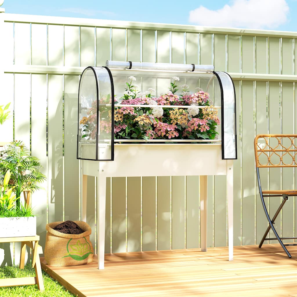 Outsunny Raised Garden Bed with Flip-Up Greenhouse Cover, Metal Elevated Garden Bed, 39.4" x 19.3" x 53.5"