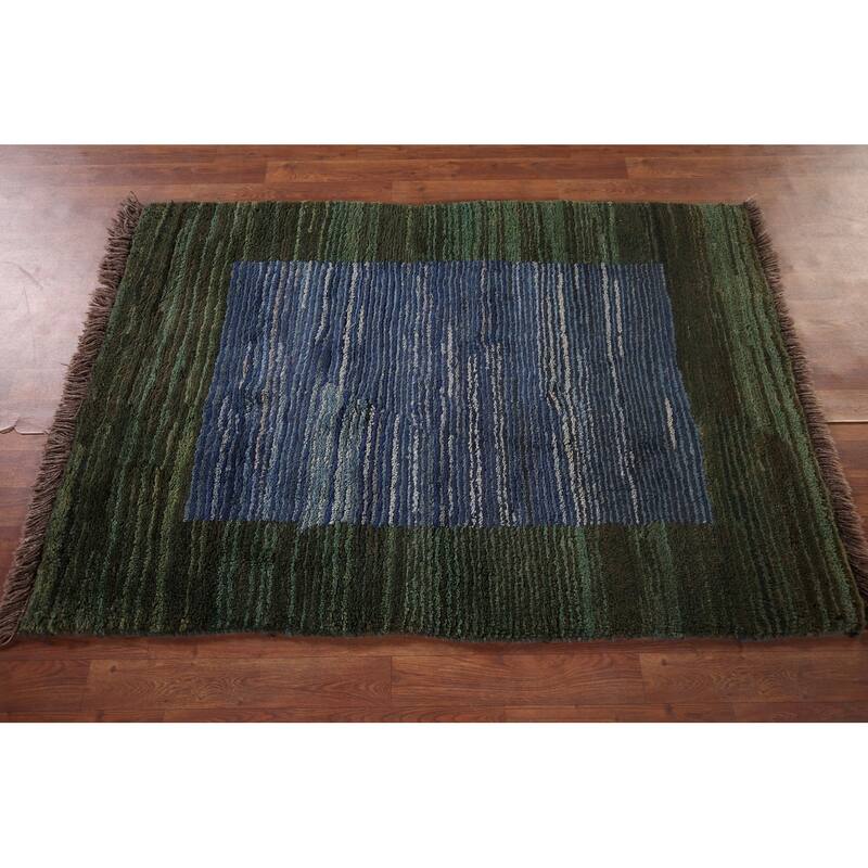 Blue & Green Striped Gabbeh Persian Accent Rug Handmade Wool Carpet - 3'8"x 5'3"