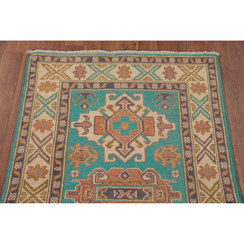 Turquoise Green Kazak Oriental Foyer Rug Handmade Wool Carpet - 2'7" x 4'3"