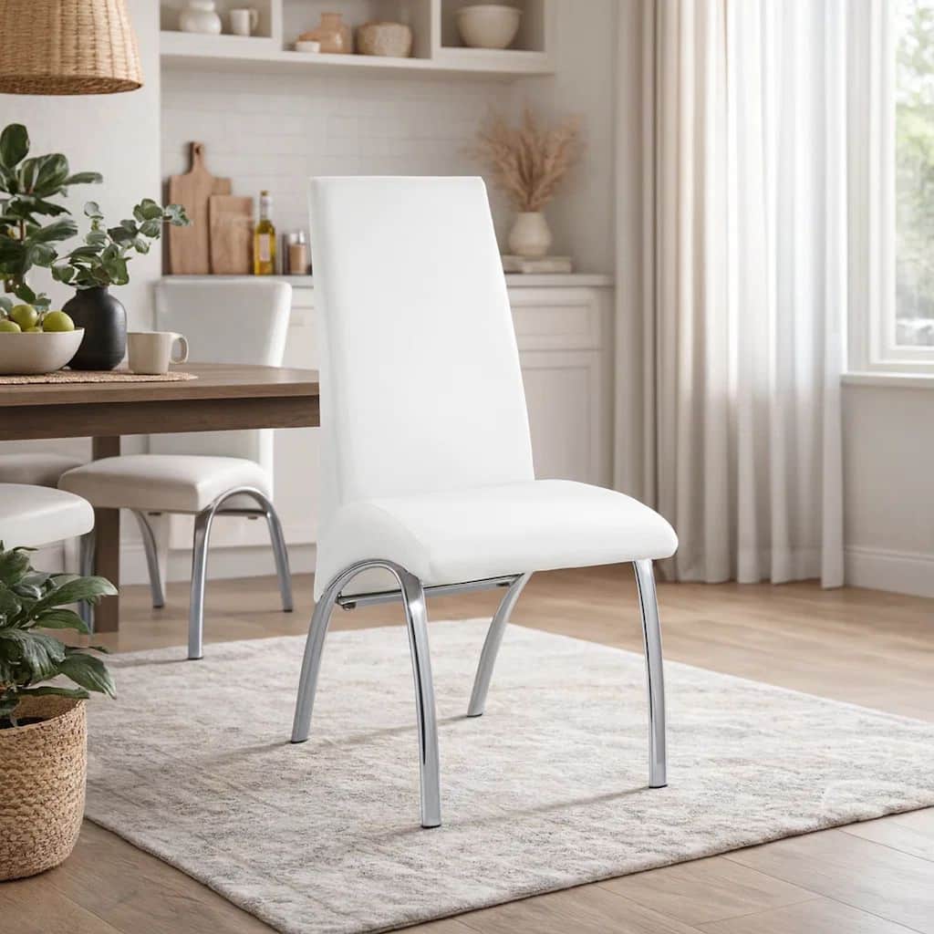 Polyurethane Upholstered Metal Side Chair, Set of Two, White and Silver