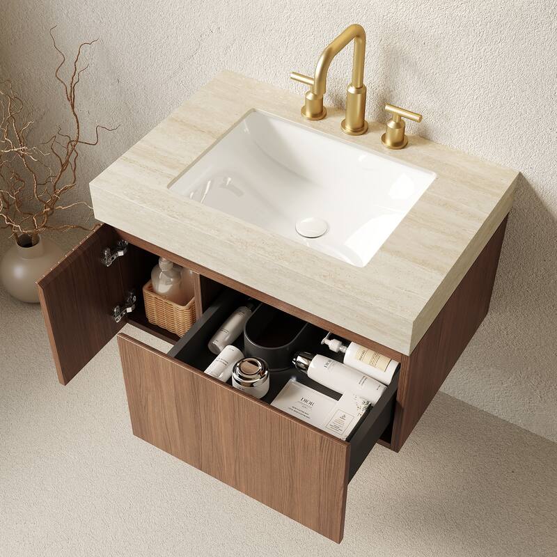 30" Floating Bathroom Vanity with Sintered Stone Top & Ceramic Basin, Plywood Cabinet with Drawer & Door - Beige+Brown Oak
