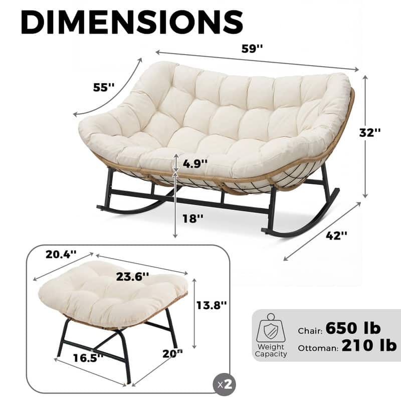 60" Double Papasan Rocking Chair for 2, 700-lb Capacity Wicker Egg Rocker with 5.1" Thick Cushion