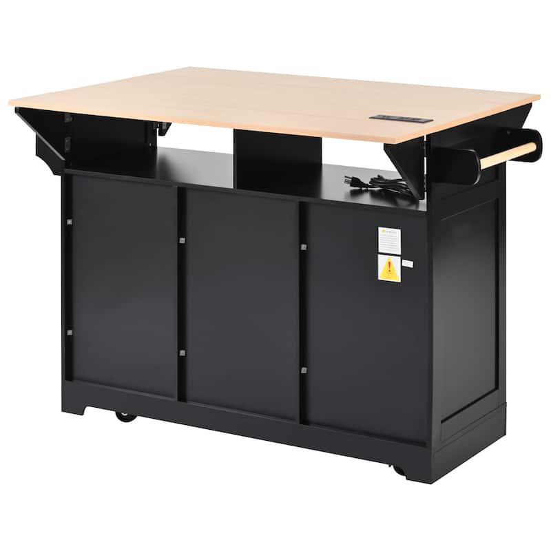 55.7''Kitchen Island,2 Drop Leaf,Rolling Kitchen Cart on 5 Wheels,Power Outlet,Folding Dining Table,Spice & Towel Rack,3 Drawers