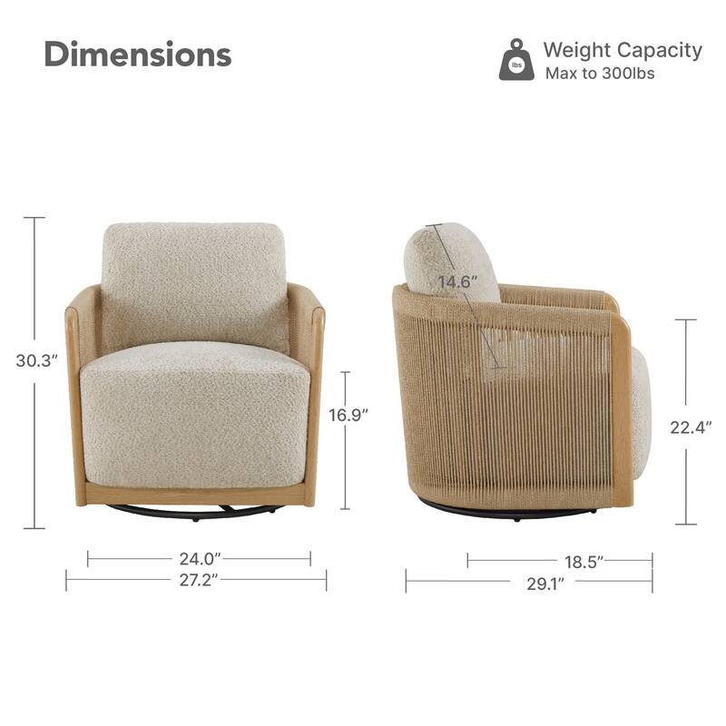 Spruce & Spring Boho Braid Swivel Accent Chair with Woven Paper Rope Armrests&Wood-Look Metal Frame