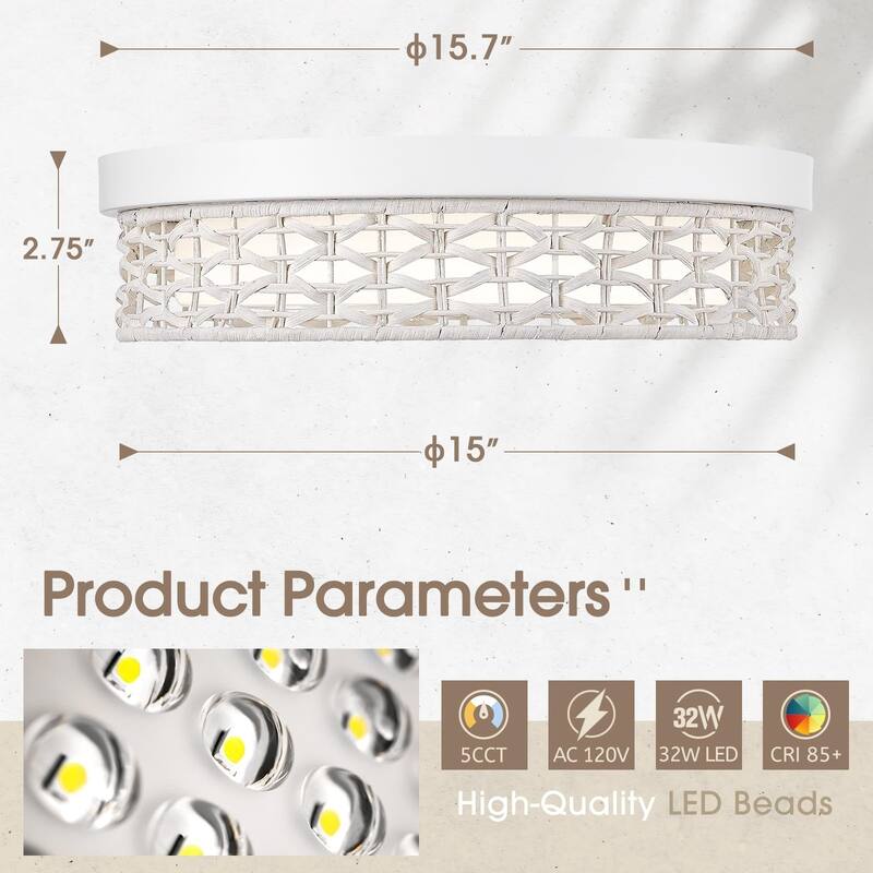 32W LED 15.7'' Rattan Flush Mount Ceiling Light 3000K/3500K/4000K/5100K/6500K