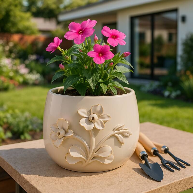 Decorative Ceramic Flower Planter with Flower Applique - Ivory