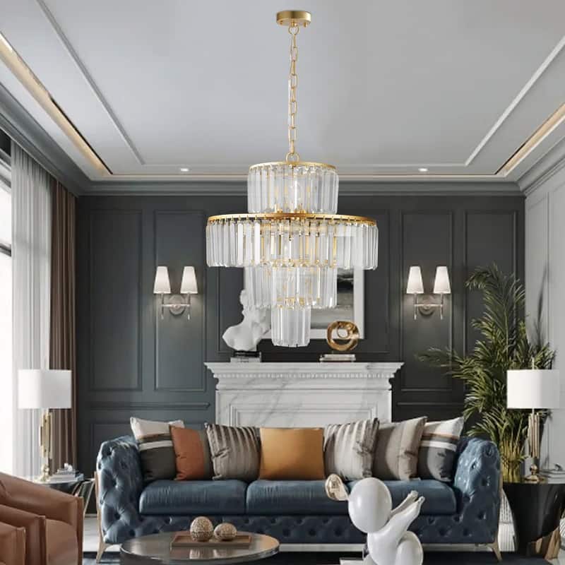 20-Inch Luxury Four-Tier Crystal Chandelier, 12-Light Gold Frame Pendant Ceiling Light, Elegant Illumination(No Bulbs) - 20"