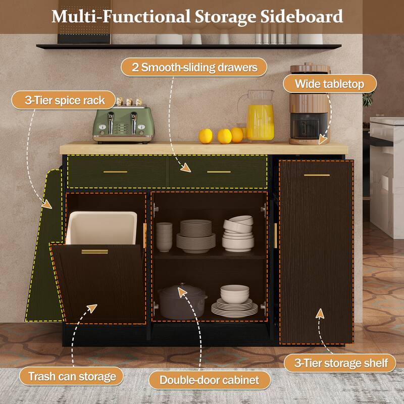Kitchen Island, Multi-Functional Kitchen Sideboard - Storage Cabinet with Trash Can Holder, Sliding Door & 3-Tier Spice Rack