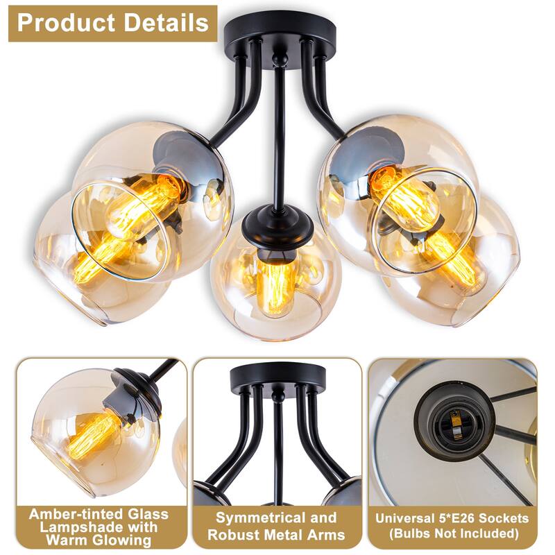 5 Lights Semi-Flush Mount Ceiling Light with Amber Glass Shade Sputnik - Dia.20.47-in