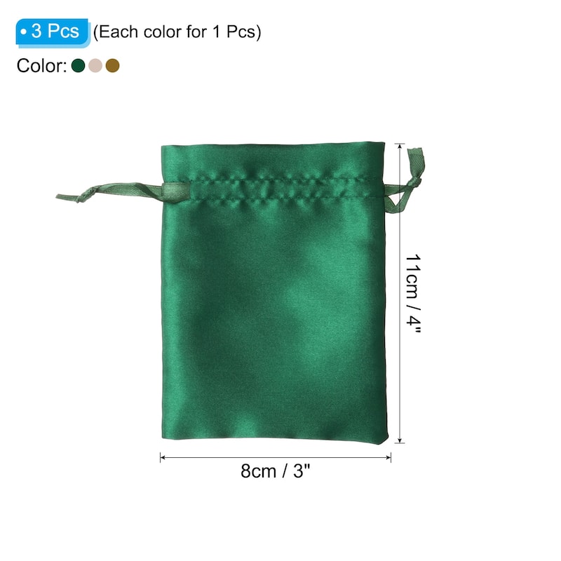 Satin Bags with Drawstring, 3Pack 3x4 Inch Wedding Favor Bags, 3 Color - 3x4 Inch - Green, Champagne, Gold Tone