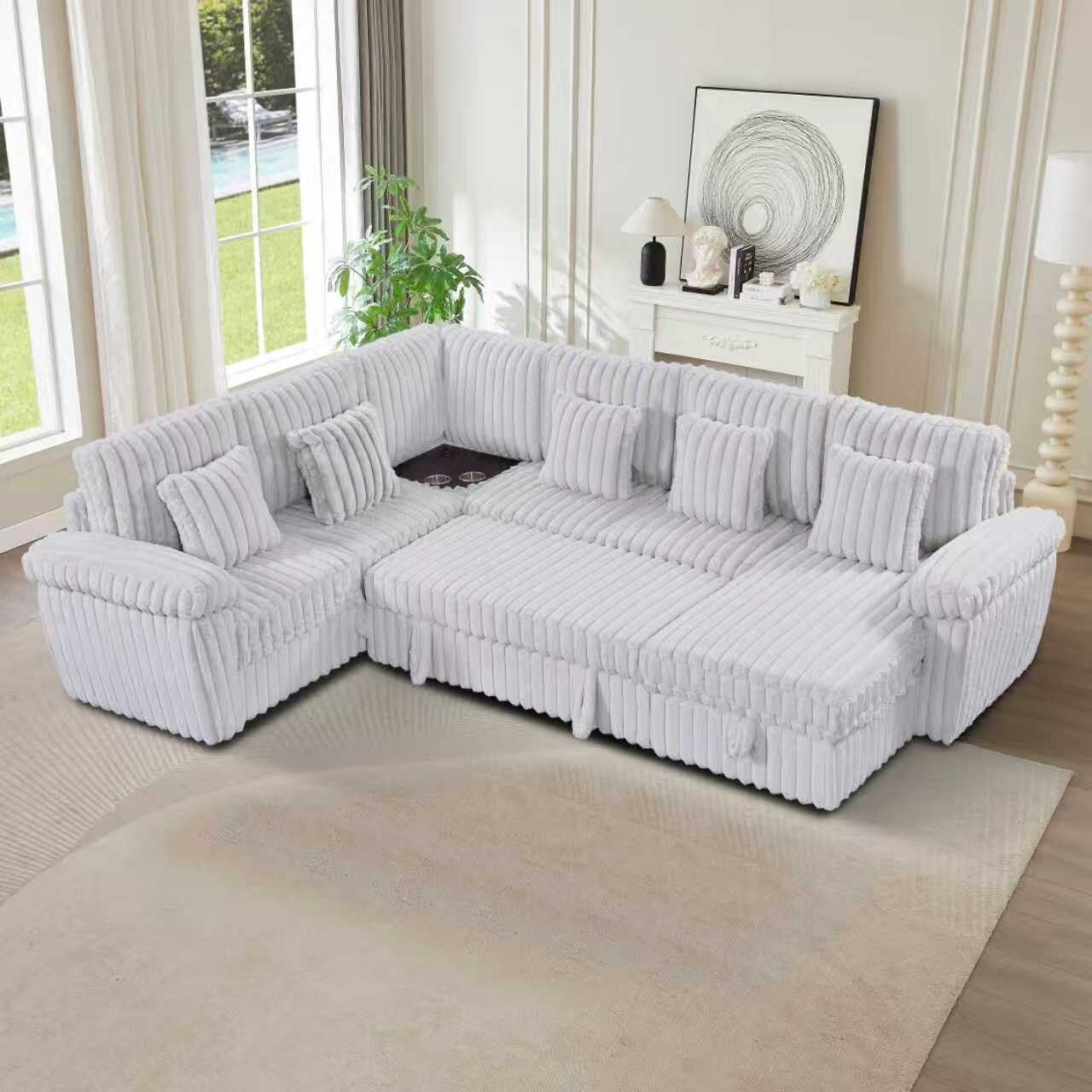 U-shaped Sectional with Pull-out Sofa Bed, Corner Coffee Table, Cup Holder and USB Port, Deep Seat Sleeper Sofa for Living Room