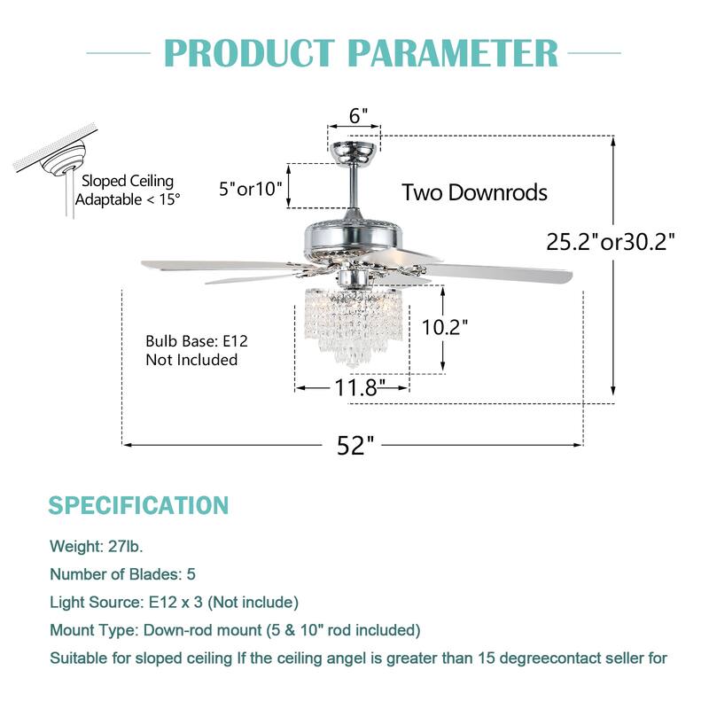 Cusp Barn 52-In Modern Crystal Ceiling Fan with Remote Control and 5 Reversible Wood Blades